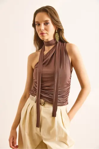 Women's Mink One Shoulder Accessory Belted Sandy Blouse BLZ-19002917-Mink - 7