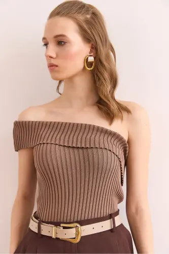 Women's Mink One Shoulder Ribbed Knit Blouse - 6