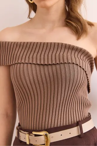 Women's Mink One Shoulder Ribbed Knit Blouse - 7