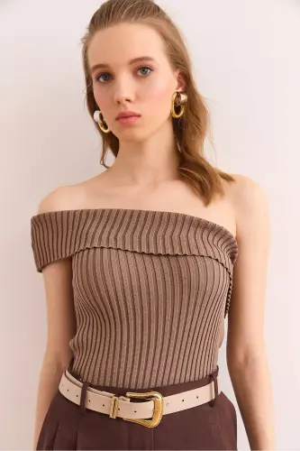 Women's Mink One Shoulder Ribbed Knit Blouse - 1