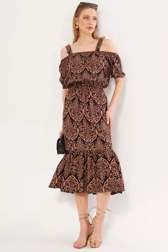 Women's Mink Plaid Floral Patterned Strappy Elastic Waist Dress ARM-21K001202-Mink - 2