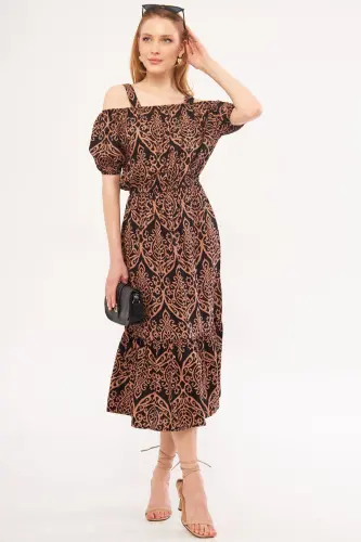 Women's Mink Plaid Floral Patterned Strappy Elastic Waist Dress ARM-21K001202-Mink - 4