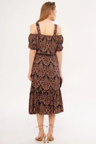 Women's Mink Plaid Floral Patterned Strappy Elastic Waist Dress ARM-21K001202-Mink - 6