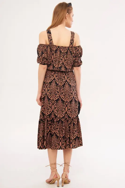 Women's Mink Plaid Floral Patterned Strappy Elastic Waist Dress ARM-21K001202-Mink - 6