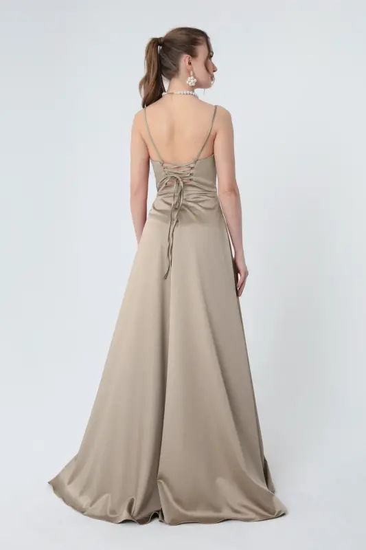 Women's Mink Ruffled Slit Satin Evening & Graduation Dress-Mink - 5