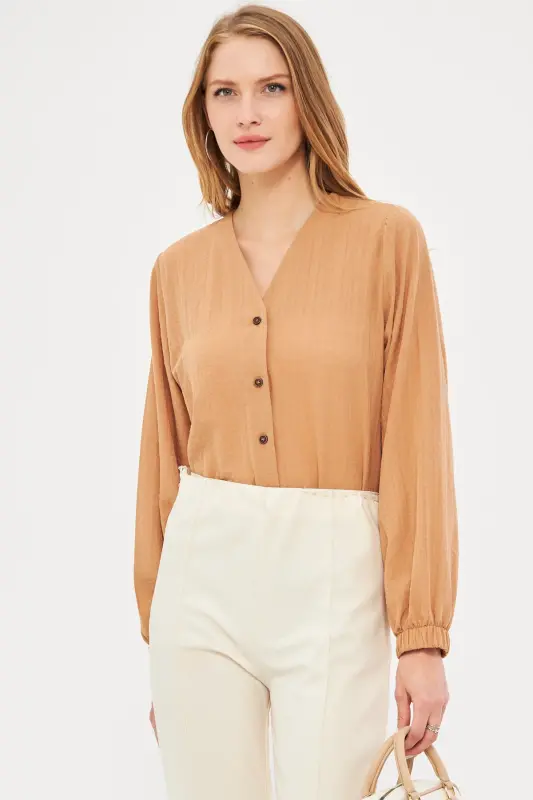Women's Mink Shirred Shirt with Elasticated Sleeves ARM-24K001002-Mink - 4