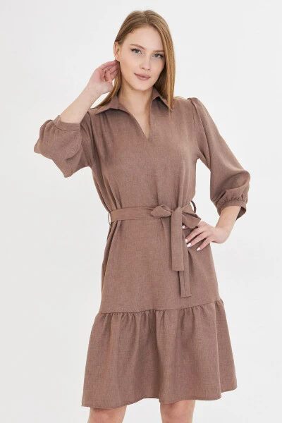 Women's Mink Shirt Collar Quarter Sleeve Belted Skirt - ARMONIKA