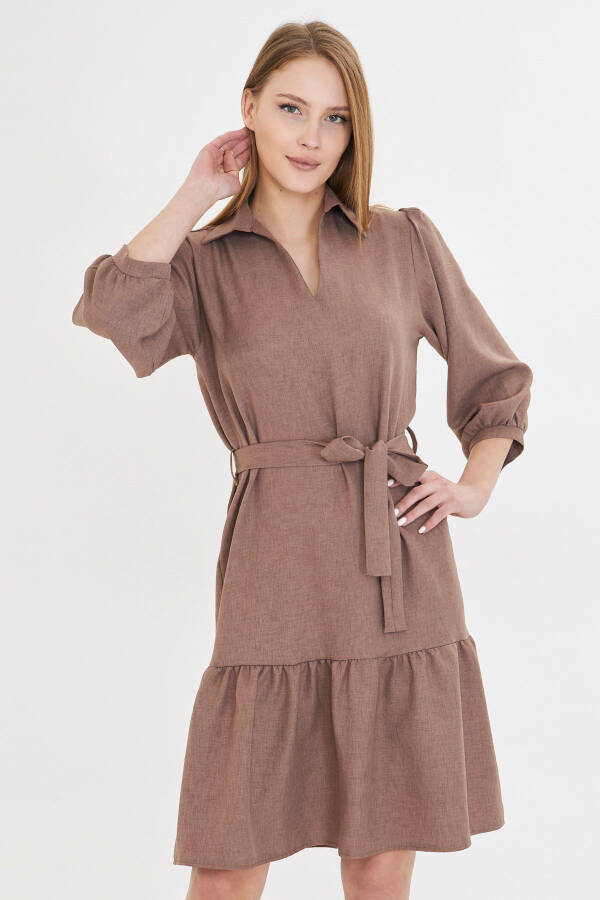 Women's Mink Shirt Collar Quarter Sleeve Belted Skirt - 1