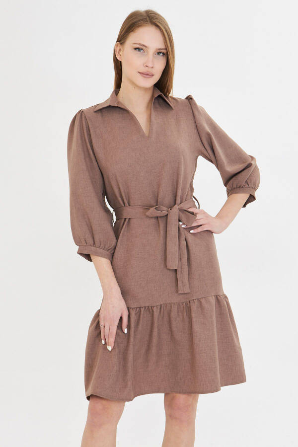 Women's Mink Shirt Collar Quarter Sleeve Belted Skirt - 2