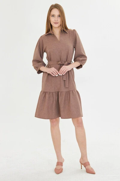 Women's Mink Shirt Collar Quarter Sleeve Belted Skirt - 3