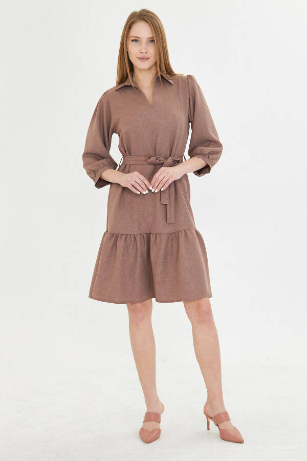 Women's Mink Shirt Collar Quarter Sleeve Belted Skirt - 3