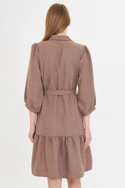 Women's Mink Shirt Collar Quarter Sleeve Belted Skirt - 5