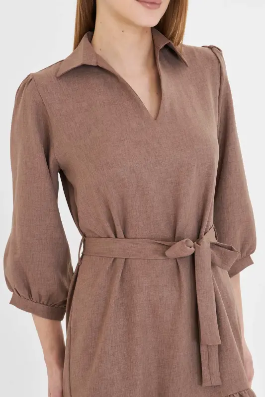 Women's Mink Shirt Collar Quarter Sleeve Belted Skirt - 5