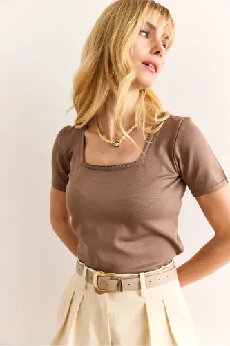 Women's Mink Square Neck Short Sleeve Basic Knitted Blouse BL - 1