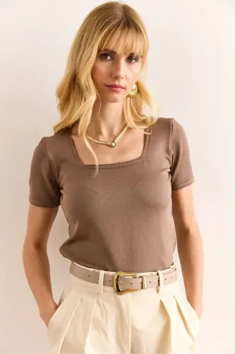 Women's Mink Square Neck Short Sleeve Basic Knitted Blouse BL - 3