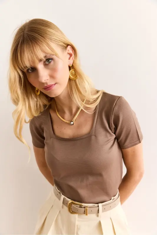 Women's Mink Square Neck Short Sleeve Basic Knitted Blouse BL - 4