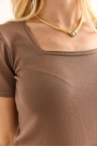 Women's Mink Square Neck Short Sleeve Basic Knitted Blouse BL - 6