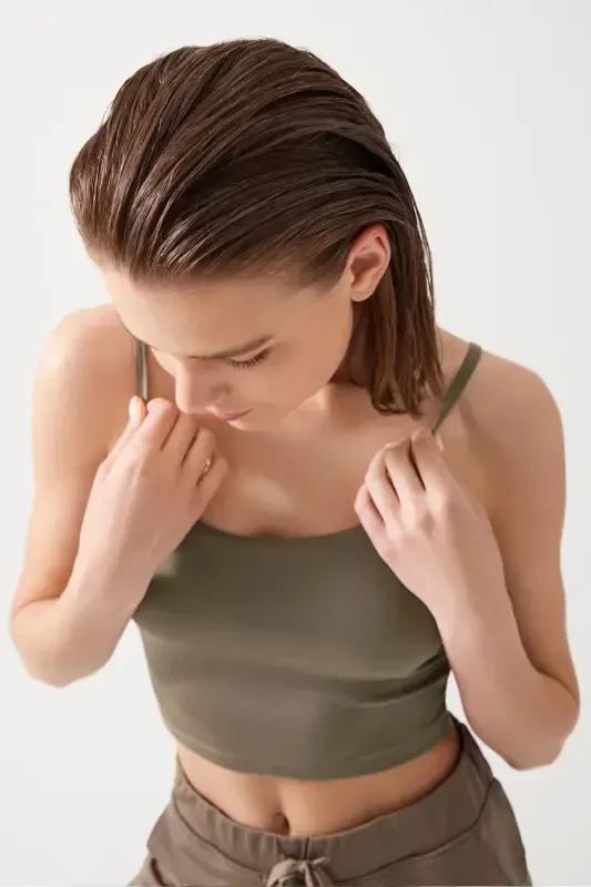 Women's Mink Strappy Lightly Padded Covered Sports Bra Straps-Khaki - 6