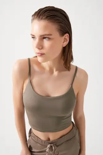 Women's Mink Strappy Lightly Padded Covered Sports Bra Straps-Khaki - 5