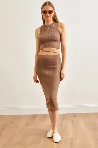 Women's Mink Top Strappy Blouse Bottom Skirt Knitted Set TKM - 1