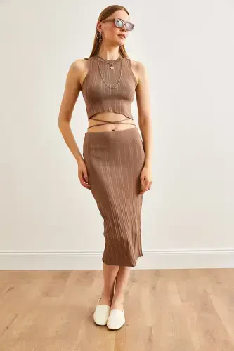 Women's Mink Top Strappy Blouse Bottom Skirt Knitted Set TKM - 2