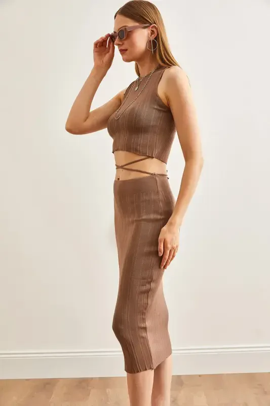 Women's Mink Top Strappy Blouse Bottom Skirt Knitted Set TKM - 3