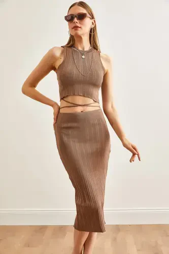 Women's Mink Top Strappy Blouse Bottom Skirt Knitted Set TKM - 4