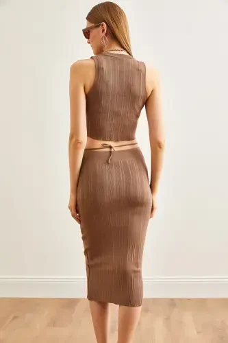 Women's Mink Top Strappy Blouse Bottom Skirt Knitted Set TKM - 5