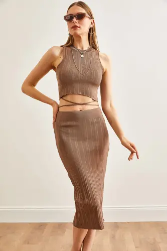 Women's Mink Top Strappy Blouse Bottom Skirt Knitted Set TKM - 4