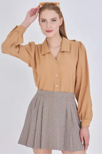 Women's Mink V Neck Balloon Sleeve Crinkle Shirt ARM-25K001088-Mink - 8