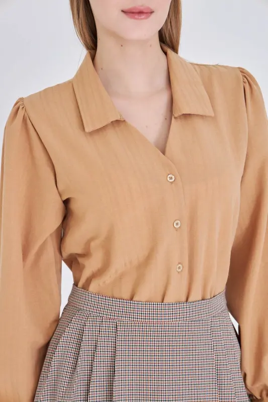 Women's Mink V Neck Balloon Sleeve Crinkle Shirt ARM-25K001088-Mink - 9