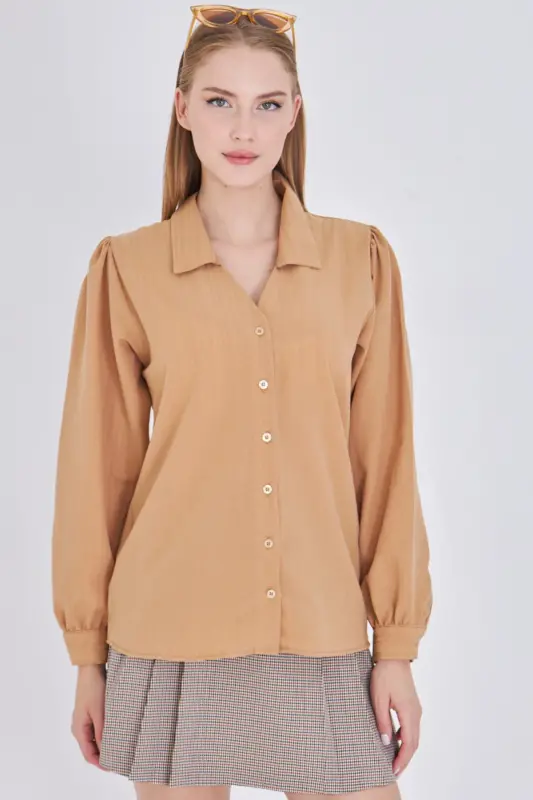 Women's Mink V Neck Balloon Sleeve Crinkle Shirt ARM-25K001088-Mink - 6