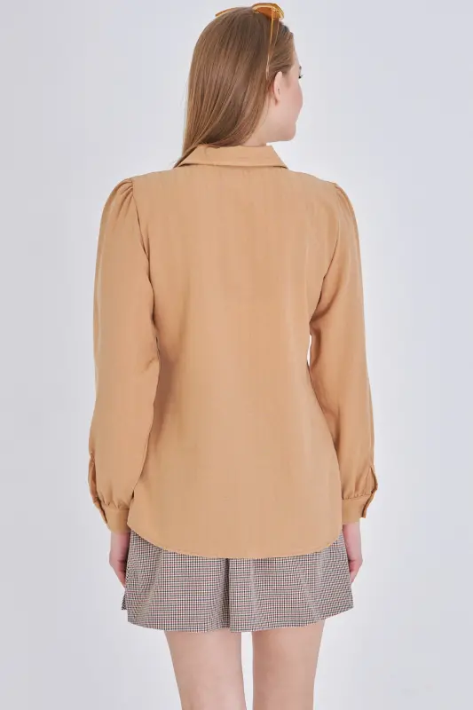 Women's Mink V Neck Balloon Sleeve Crinkle Shirt ARM-25K001088-Mink - 7