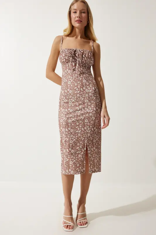 Women's Mink White Floral Slit Summer Knitted Dress CI00029-Mink White - 2