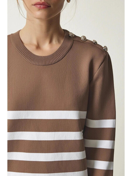 Women's Mink White Striped Off-the-Shoulder Button Detail Crew Neck Sweater HZL24W-BD1102081 - 7