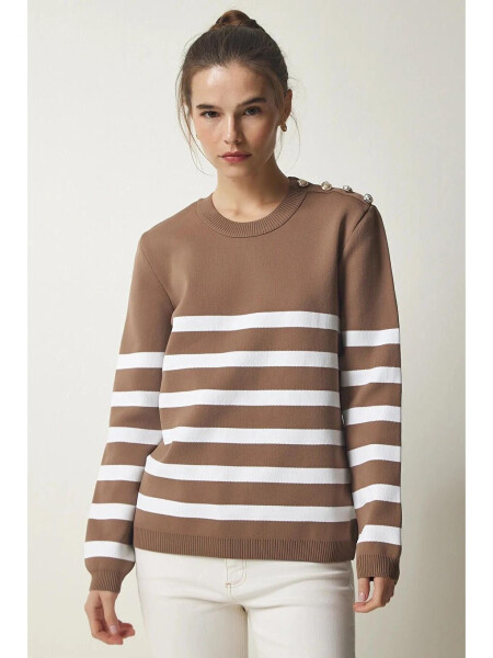 Women's Mink White Striped Off-the-Shoulder Button Detail Crew Neck Sweater HZL24W-BD1102081 - LC WAIKIKI