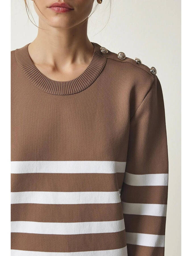 Women's Mink White Striped Off-the-Shoulder Button Detail Crew Neck Sweater HZL24W-BD1102081 - 2