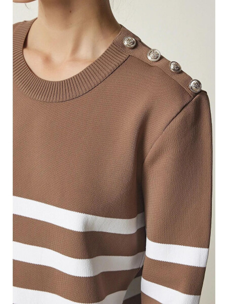 Women's Mink White Striped Off-the-Shoulder Button Detail Crew Neck Sweater HZL24W-BD1102081 - 3