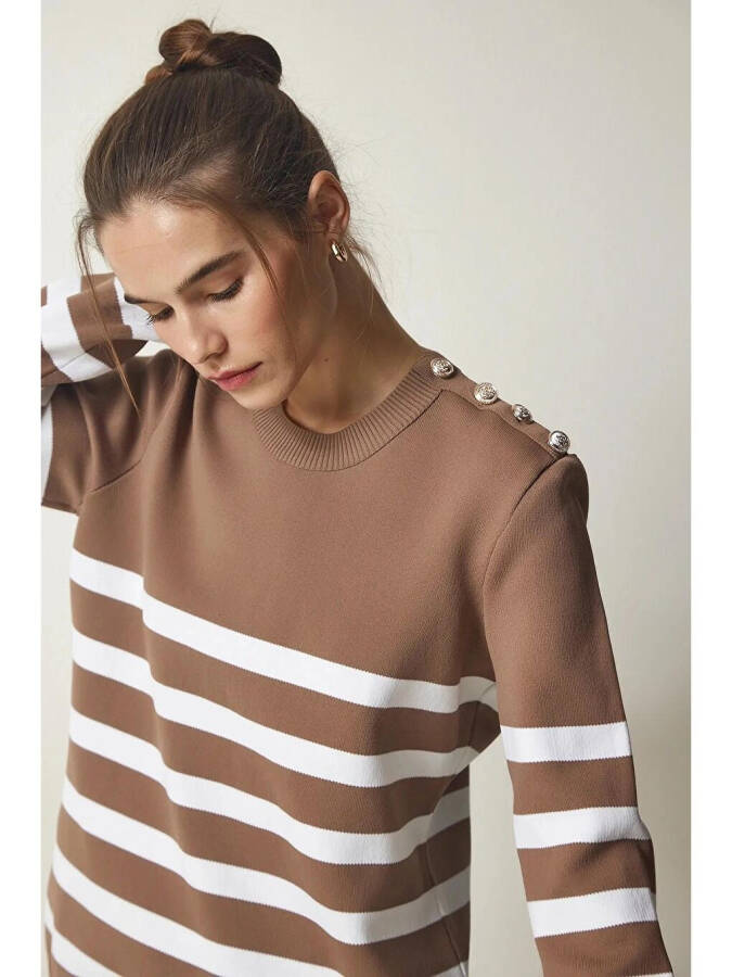Women's Mink White Striped Off-the-Shoulder Button Detail Crew Neck Sweater HZL24W-BD1102081 - 4