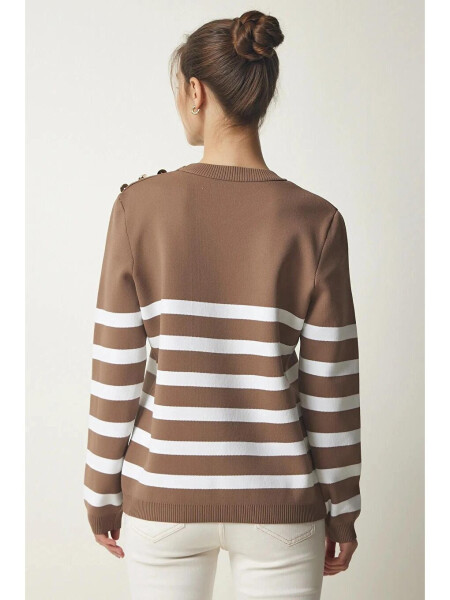 Women's Mink White Striped Off-the-Shoulder Button Detail Crew Neck Sweater HZL24W-BD1102081 - 5