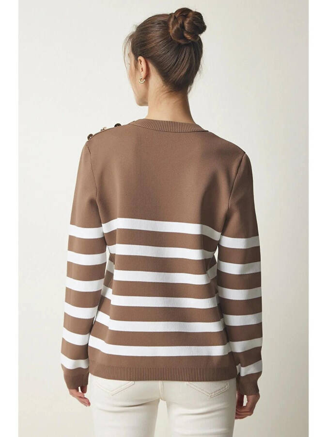 Women's Mink White Striped Off-the-Shoulder Button Detail Crew Neck Sweater HZL24W-BD1102081 - 5