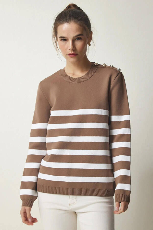 Women's Mink White Striped Off-the-Shoulder Button Detail Crew Neck Sweater HZL24W-BD1102081 - 11