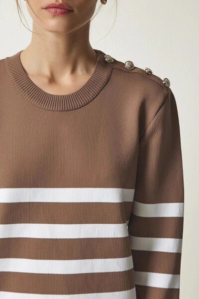 Women's Mink White Striped Off-the-Shoulder Button Detail Crew Neck Sweater HZL24W-BD1102081 - 12