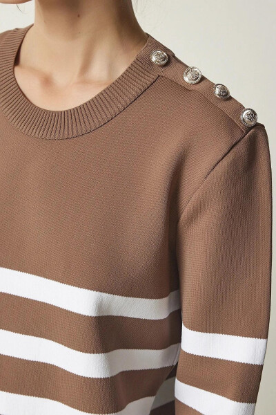 Women's Mink White Striped Off-the-Shoulder Button Detail Crew Neck Sweater HZL24W-BD1102081 - 13