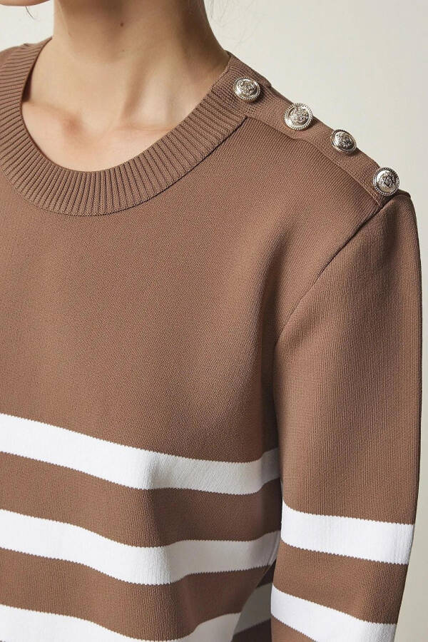 Women's Mink White Striped Off-the-Shoulder Button Detail Crew Neck Sweater HZL24W-BD1102081 - 13
