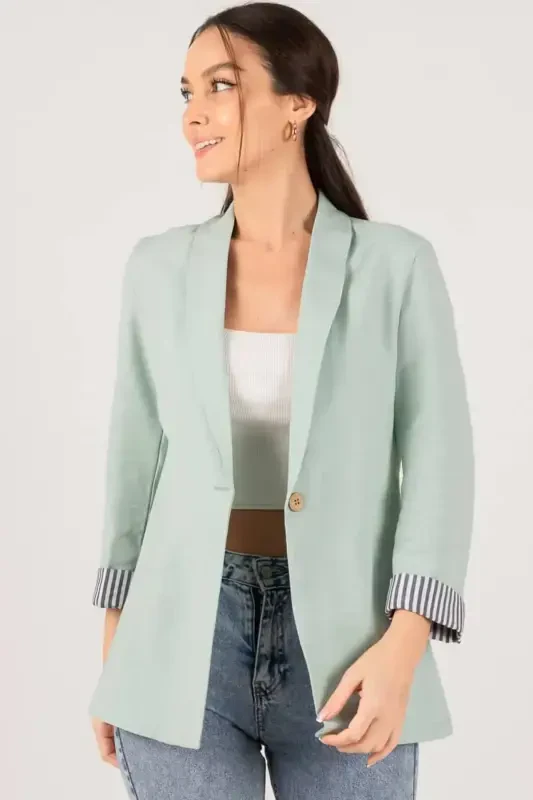 Women's Mint Arm Lined Single Buttoned Jacket ARM-22K001122-Mint - 3