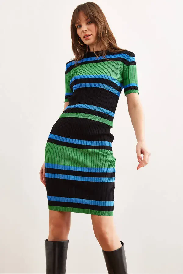 Women's Mint Black Striped Mini Skirt Knitwear Set - 1