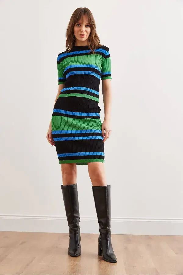 Women's Mint Black Striped Mini Skirt Knitwear Set - 2