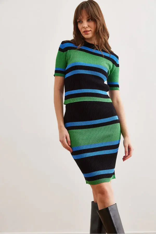 Women's Mint Black Striped Mini Skirt Knitwear Set - 3