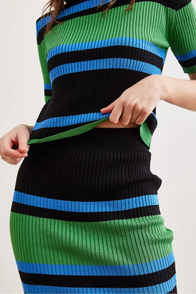 Women's Mint Black Striped Mini Skirt Knitwear Set - 5